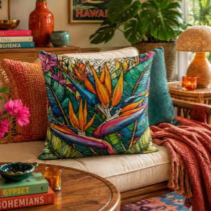 Coussin oiseau de paradis de style vitrail