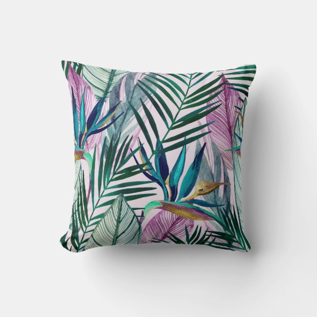 Coussin Oiseau de paradis tropical, motif d'aquarelle (Recto)