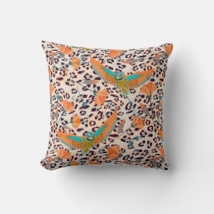 Coussin Oiseau du Paradis, peau de léopard, Corail et turq