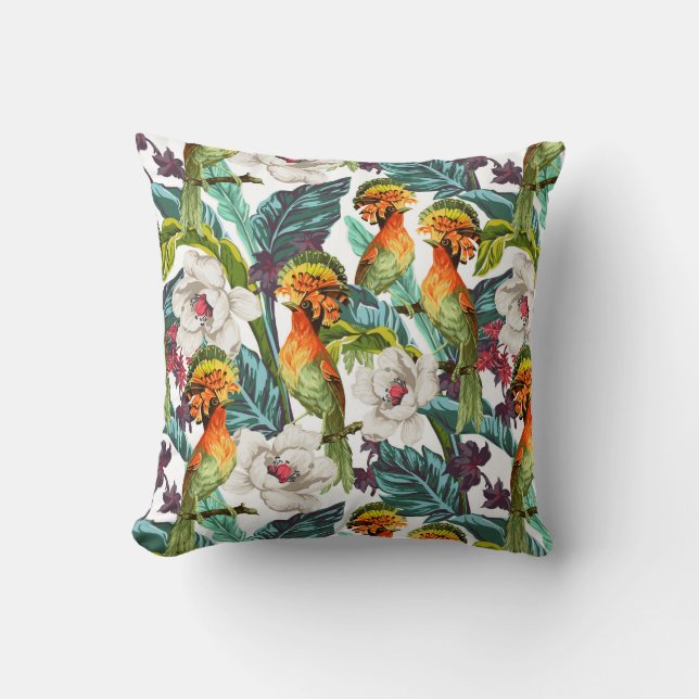 Coussin Oiseau et motif de fleur exotique (Recto)