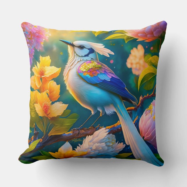 Coussin Oiseau Fantastique Geai à Ailes Arc-en-ciel (Recto)