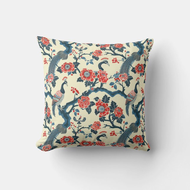 Coussin Oiseau floral et Paon d'inspiration orientale (Recto)