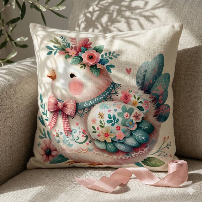 Coussin Oiseau folklorique floral avec charme bohème paste (Floral Folk Bird with Pastel Boho Charm Throw Pillow Mockup A)