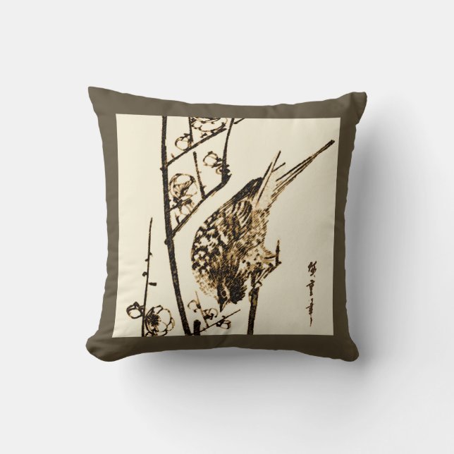 Coussin Oiseau japonais sur une branche - Brown et beige (Recto)
