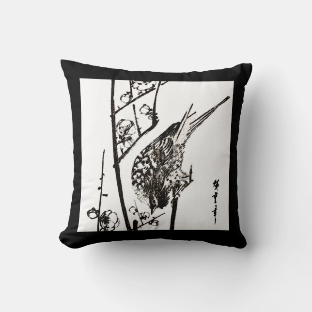 Coussin Oiseau japonais sur une branche - noir et blanc (Recto)