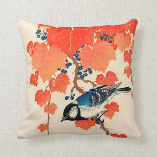 Coussin Oiseau japonais vintage de geai et vigne d'automne