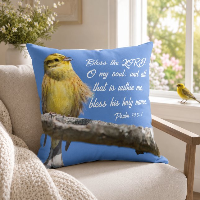 Coussin Oiseau jaune bénit le Seigneur Ô mon âme Écriture (Créateur téléchargé)