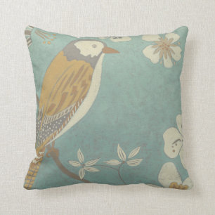 Coussin Oiseau jaune, gris et beige été perché sur une