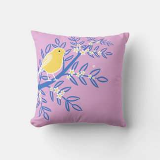 Coussin Oiseau jaune illustré sur un Arrière - plan rose