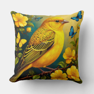 Coussin Oiseau jaune perché parmi les fleurs éclatantes