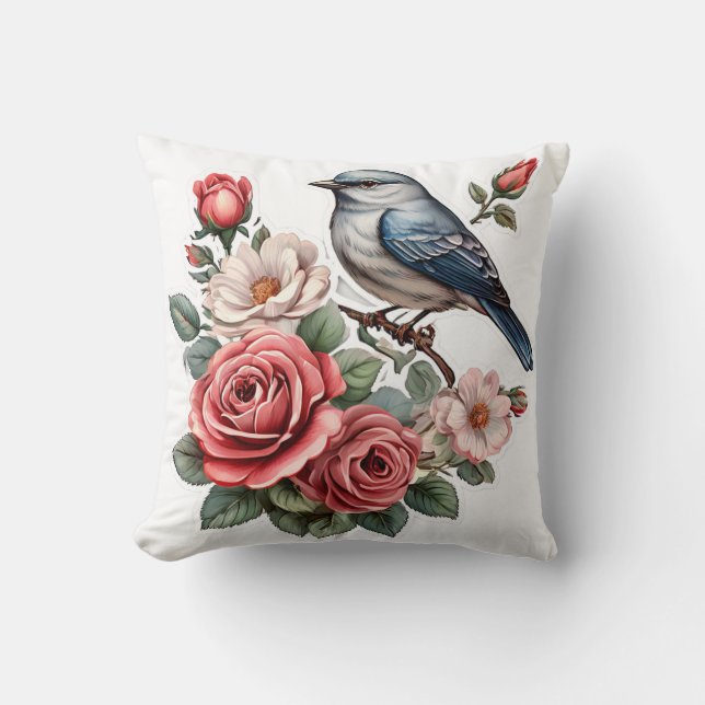 Coussin oiseau mignon et fleurs (Recto)