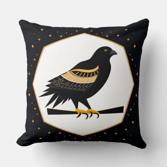 Coussin Oiseau noir élégant avec détails dorés (Recto)