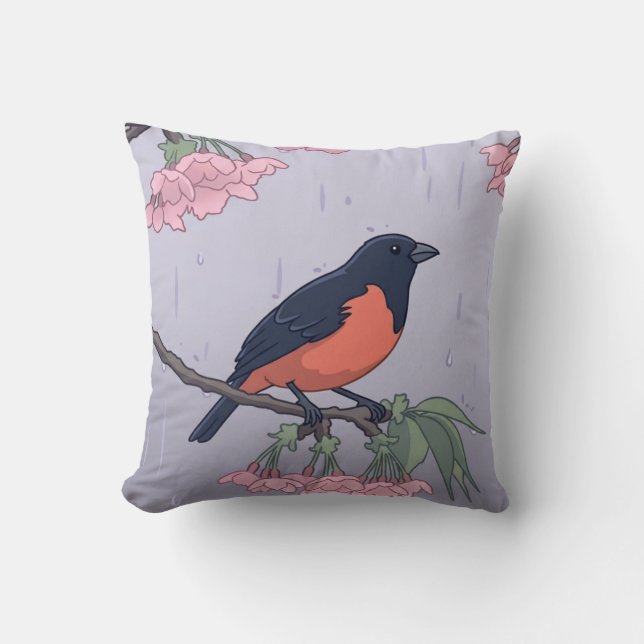 Coussin Oiseau noir et rouge charmant sur une branche de c (Recto)