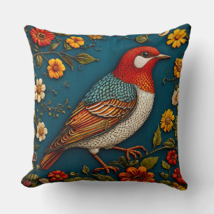 Coussin Oiseau perché parmi les fleurs colorées