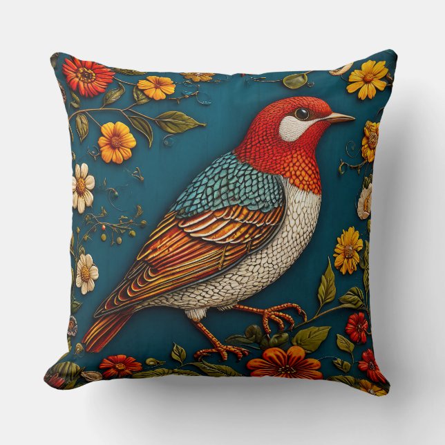Coussin Oiseau perché parmi les fleurs colorées (Recto)