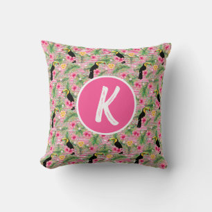 Coussin Oiseau rose floral tropical Monogramme Oiseau à l