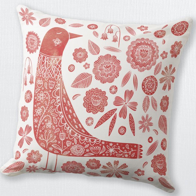 Coussin Oiseau rouge scandinave blanc (Red and white folk art Scandinavian bird and flower throw pillow)