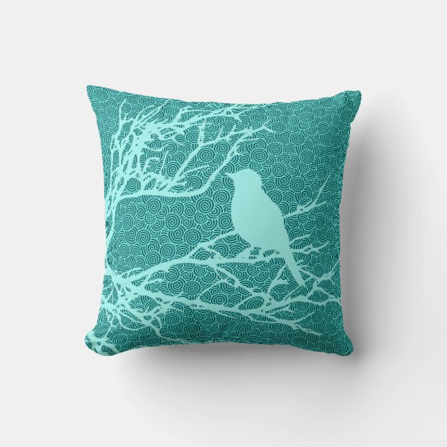 Coussin Oiseau sur une branche, Aqua contre la turquoise (Recto)