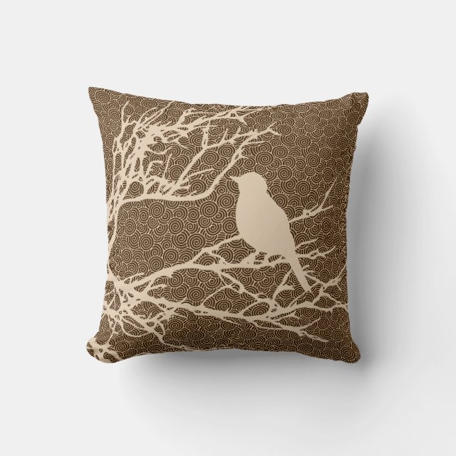 Coussin Oiseau sur une branche, beige contre le brun (Recto)