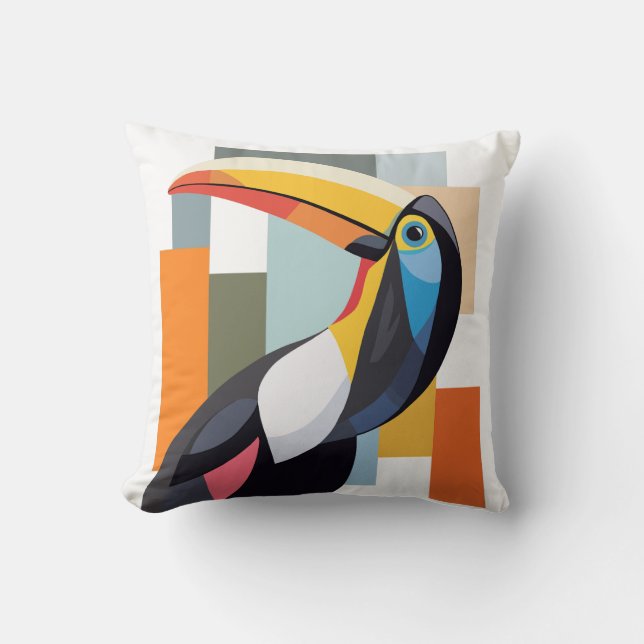 Coussin Oiseau Toucan aux couleurs géométriques (Recto)
