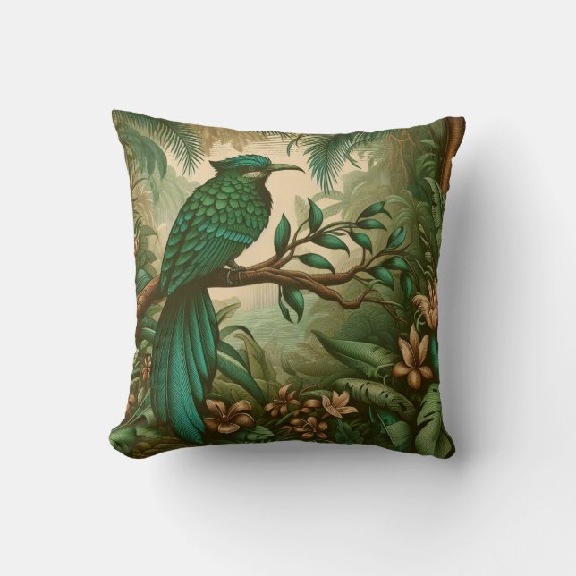 Coussin Oiseau tropical dans la jungle verte luxuriante 2 (Recto)