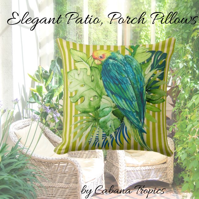 Coussin Oiseau tropical Feuille Tropical Citron Lime Strip (Créateur téléchargé)