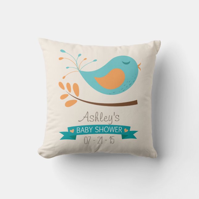 Coussin Oiseau turquoise et orange sur Baby shower de bran (Recto)