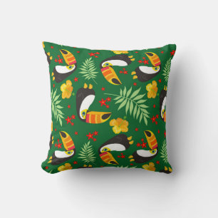 Coussin Oiseau Vert Feuille Orange Fleur Rouge Jungle Trop