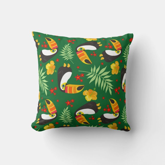 Coussin Oiseau Vert Feuille Orange Fleur Rouge Jungle Trop (Recto)