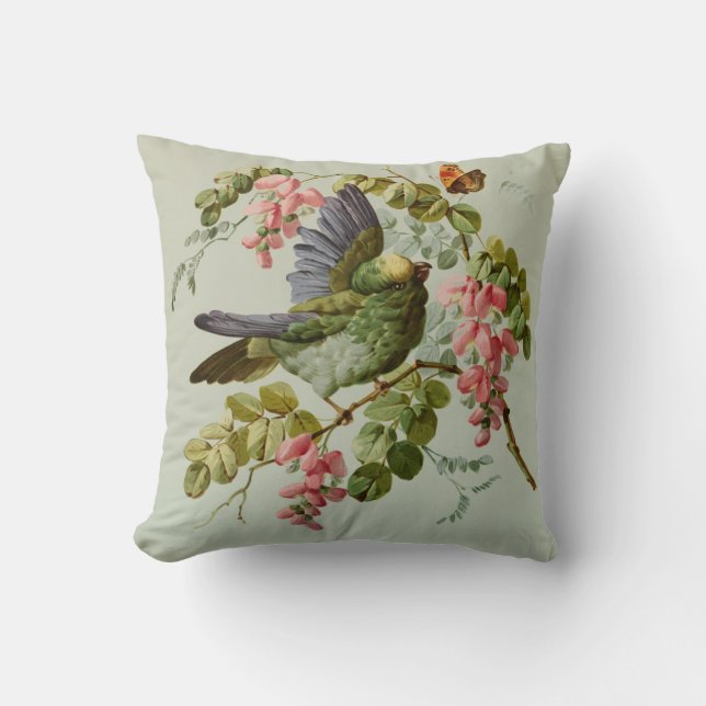 Coussin Oiseau vert vintage et fleurs roses (Recto)