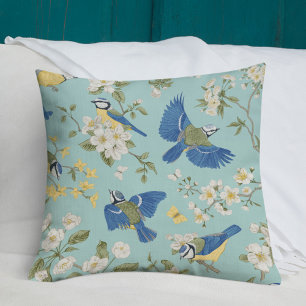 Coussin Oiseau Vintage bleu et fleurs
