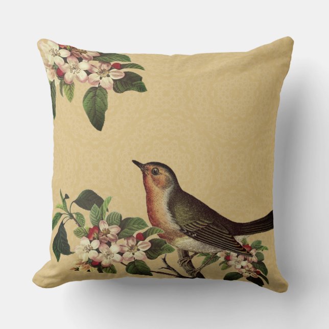 Coussin  Oiseau Vintage Élégant sur Fleur de Pommier  (Recto)
