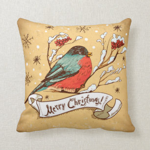Coussin Oiseau Vintage sur la branche de la neige Joyeux N