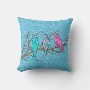 Coussin Oiseaux appliqués sur une branche, Sky Blue Multi