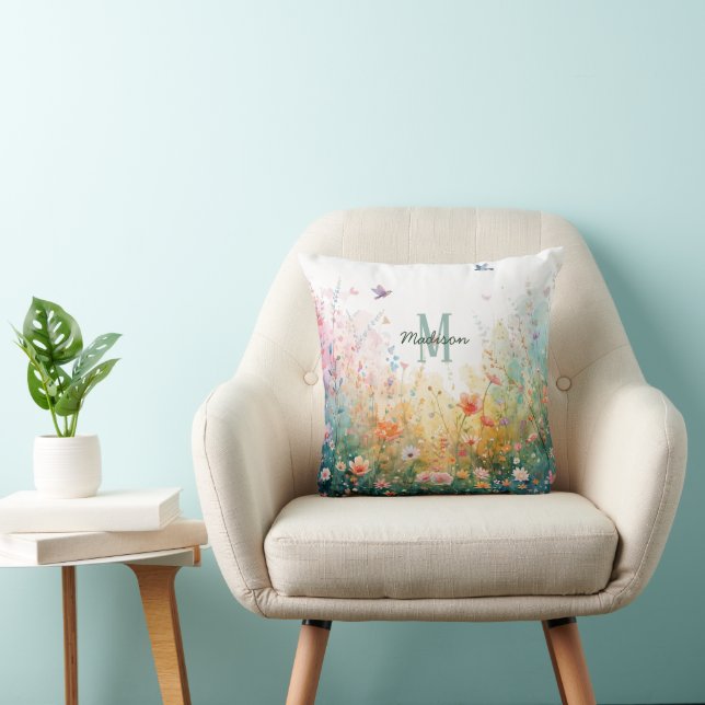 Coussin Oiseaux aquarelle de printemps Monogramme floral F (Chaise)