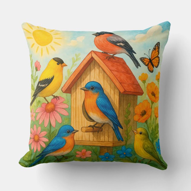 Coussin Oiseaux autour de la maison d'oiseaux Cadeau pour  (Recto)