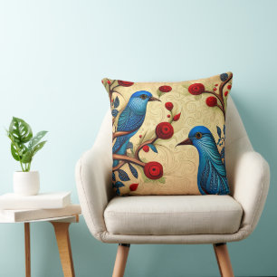 Coussin Oiseaux bleus Art folklorique Fleurs rouges Fleurs