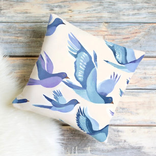 Coussin Oiseaux bleus en vol   Aquarelle moderne