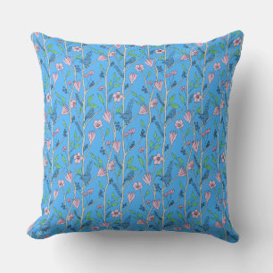 Coussin Oiseaux bleus et fleurs roses
