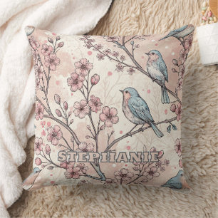 Coussin Oiseaux Bleus Pastel avec Fleurs de Cerisier Roses