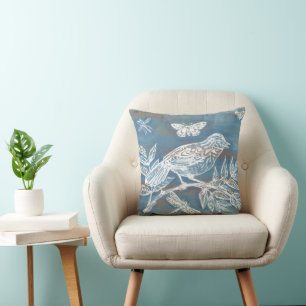Coussin Oiseaux bleus rustiques Insectes Nature Bois vinta