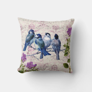 Coussin Oiseaux bleus vintage, fleurs violettes, musique l