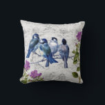 Coussin Oiseaux bleus vintage, fleurs violettes, partition<br><div class="desc">Oiseaux bleus vintage et fleurs violettes sur une partition de musique grise.</div>