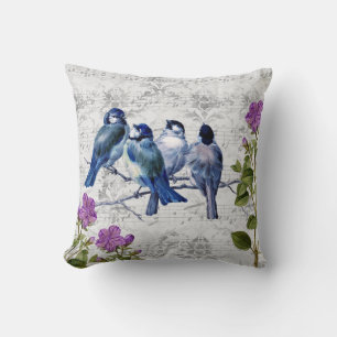 Coussin Oiseaux bleus vintage, fleurs violettes, partition