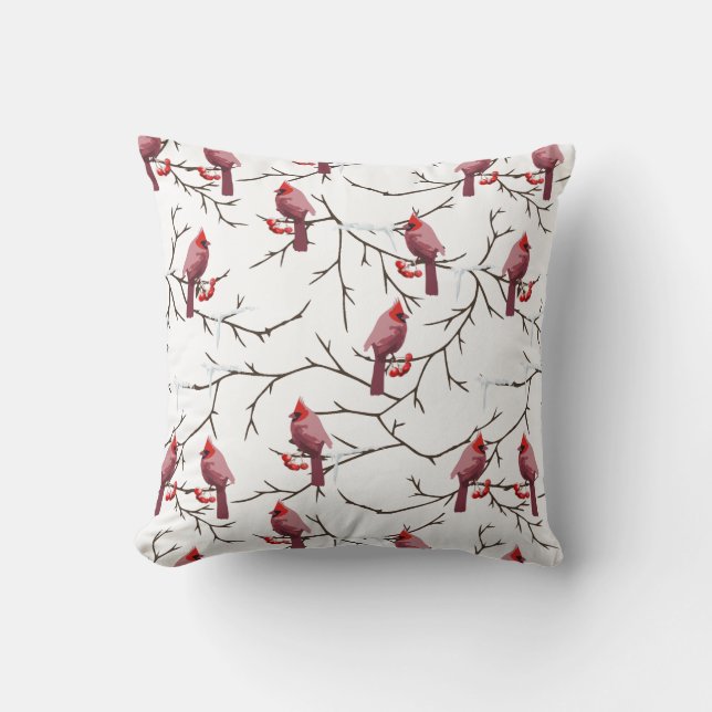 Coussin Oiseaux cardinaux, cerises d'hiver et Motif de nei (Recto)