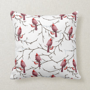 Coussin Oiseaux cardinaux, cerises d'hiver et Motif de nei