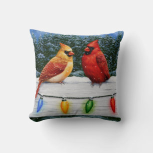 Coussin Oiseaux cardinaux et lumières de Noël