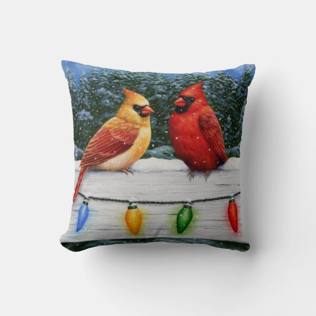 Coussin Oiseaux cardinaux et lumières de Noël (Recto)