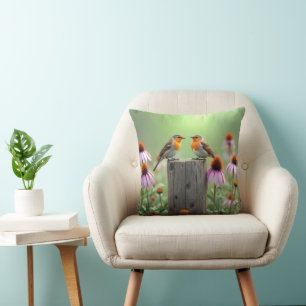 Coussin Oiseaux chanteurs sur un poteau de clôture avec de