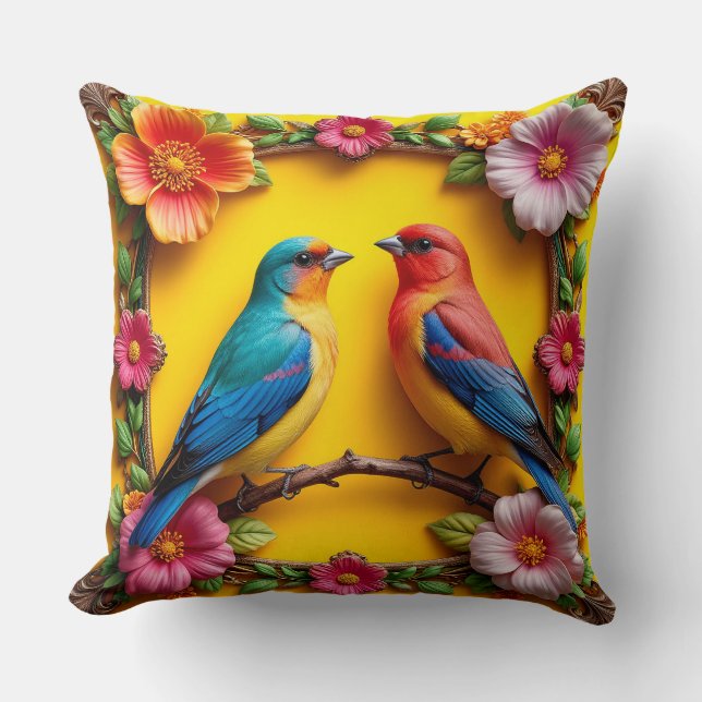 Coussin Oiseaux chanteurs vibrants entourés d'un cadre flo (Recto)